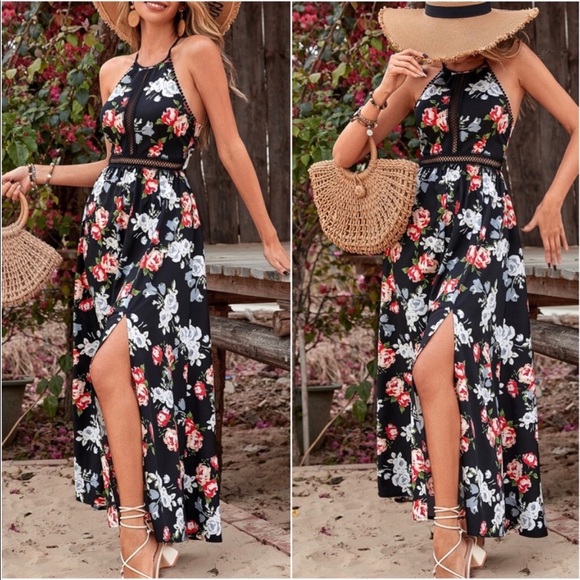Boho Floral Print Criss Cross Crochet Maxi Dress - Picture 3 of 4